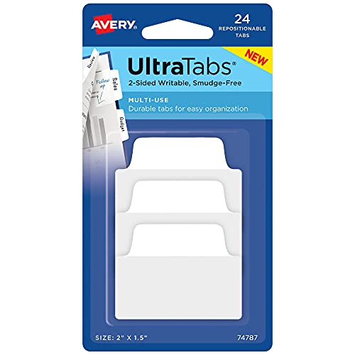 Avery Multiuse Ultra Tabs, 2" x 1.5", 2-Side Writable, White, 24 Repositionable Tabs (74787)