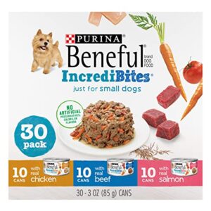 beneful purina small breed wet dog food variety pack, incredibites with real beef, chicken or salmon – (30) 3 oz. cans
