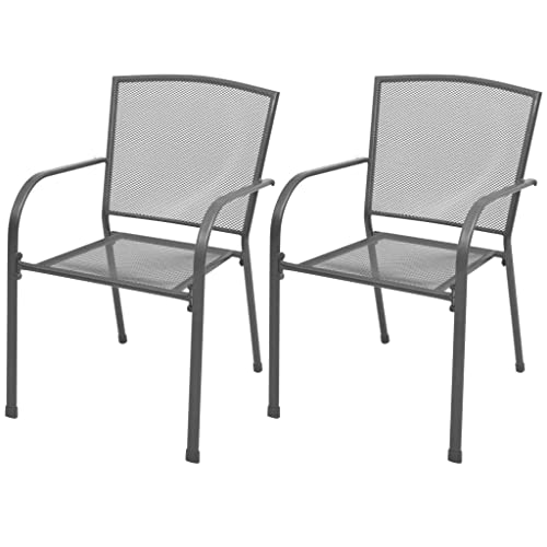 vidaXL 2X Stackable Patio Chairs Steel Gray Garden Outdoor Dining Mesh Seats