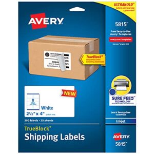 avery printable blank shipping labels, 2.5″ x 4″, white, 200 labels, inkjet printer, permanent adhesive (5815)