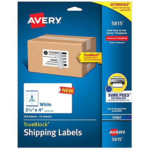 Avery Printable Blank Shipping Labels, 2.5" x 4", White, 200 Labels, Inkjet Printer, Permanent Adhesive (5815)