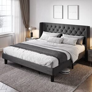 allewie king size upholstered platform bed frame with wingback and button tufted headboard for reading, strong wood slat support, modern design, easy assembly, dark grey