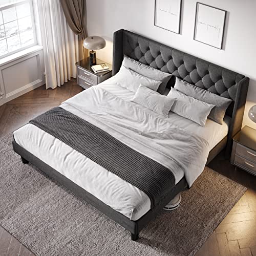 Allewie King Size Upholstered Platform Bed Frame with Wingback and Button Tufted Headboard for Reading, Strong Wood Slat Support, Modern Design, Easy Assembly, Dark Grey