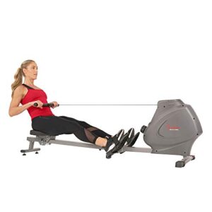 sunny health & fitness compact folding magnetic rowing machine with lcd monitor, bottle holder, 43 inch slide rail, 285 lb max weight – synergy power motion – sf-rw5801, gray