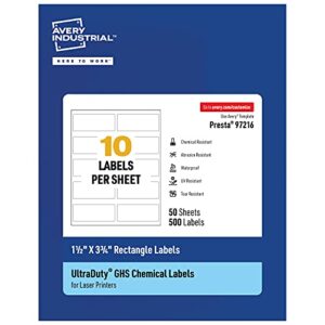 avery ultraduty ghs labels, waterproof, 1.5 x 3.75 inch rectangle printable labels, pack of 500 white labels for use with laser printers