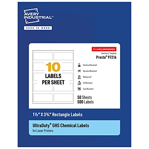 Avery UltraDuty GHS Labels, Waterproof, 1.5 X 3.75 Inch Rectangle Printable Labels, Pack of 500 White Labels for Use with Laser Printers