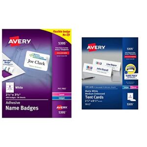 avery flexible name tag stickers, white rectangle labels, 400 removable name badges, 2-1/3″ x 3-3/8″ (5395) & printable tent cards with sure feed technology, 2.5″ x 8.5″