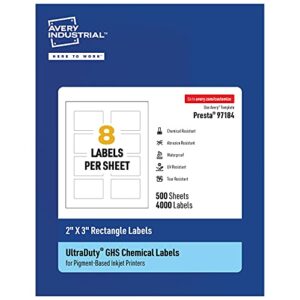 avery ultraduty ghs labels, waterproof, 2 x 3 inch rectangle printable labels, pack of 4000 white labels for use with pigment inkjet printers
