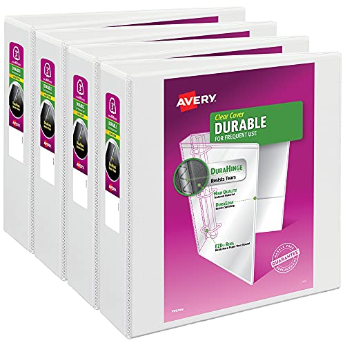 Avery Durable Clear View 3 Ring Binders, 3 Inch Binder Rings, 4 White Binders (09203)