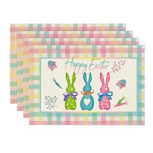 artoid mode green blue pink buffalo plaid bunny happy easter placemats set of 4, 12×18 inch seasonal holiday table mats for party kitchen dining decoration