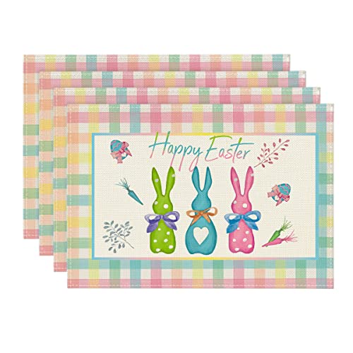 Artoid Mode Green Blue Pink Buffalo Plaid Bunny Happy Easter Placemats Set of 4, 12x18 Inch Seasonal Holiday Table Mats for Party Kitchen Dining Decoration