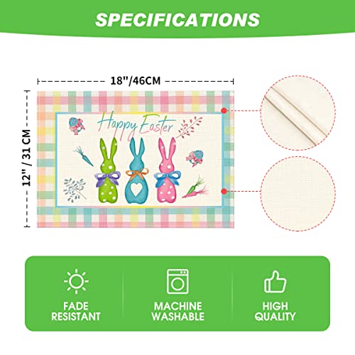 Artoid Mode Green Blue Pink Buffalo Plaid Bunny Happy Easter Placemats Set of 4, 12x18 Inch Seasonal Holiday Table Mats for Party Kitchen Dining Decoration