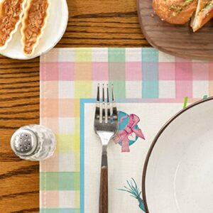 Artoid Mode Green Blue Pink Buffalo Plaid Bunny Happy Easter Placemats Set of 4, 12x18 Inch Seasonal Holiday Table Mats for Party Kitchen Dining Decoration