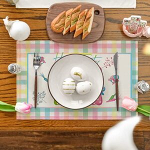 Artoid Mode Green Blue Pink Buffalo Plaid Bunny Happy Easter Placemats Set of 4, 12x18 Inch Seasonal Holiday Table Mats for Party Kitchen Dining Decoration