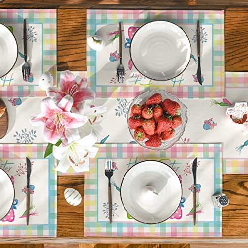 Artoid Mode Green Blue Pink Buffalo Plaid Bunny Happy Easter Placemats Set of 4, 12x18 Inch Seasonal Holiday Table Mats for Party Kitchen Dining Decoration