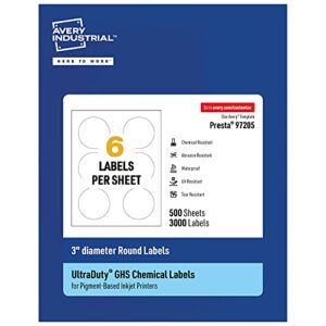 avery ultraduty ghs labels, waterproof, 3 inch round labels, pack of 3000 white labels for use with pigment inkjet printers
