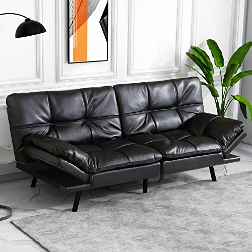 IULULU Futon Bed, Faux Leather Sofa Couch with Memory Foam, Modern Convertible Sleeper Daybed with Adjustable Armrests for Studio, Apartment, Office, Dorm, Easy Assembly, Black