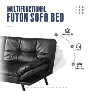 IULULU Futon Bed, Faux Leather Sofa Couch with Memory Foam, Modern Convertible Sleeper Daybed with Adjustable Armrests for Studio, Apartment, Office, Dorm, Easy Assembly, Black