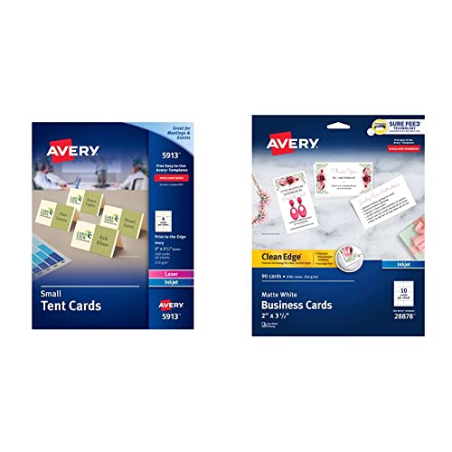 Avery Printable Small Tent Cards with Sure Feed Technology, 2” x 3.5”, Ivory, 160 Blank Place Cards for Laser or Inkjet Printers (05913) & Printable Business Cards, Inkjet Printers, 90 Cards, 2 x 3.5