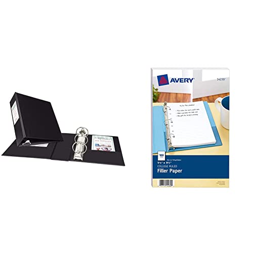 Avery Mini Durable Binder for 5.5 x 8.5 Inch Pages, 2-Inch Round Ring, Black, 1 Binder (27554) & Avery Mini Binder Filler Paper for 3 Ring Binders or 7 Ring Binders, College Ruled