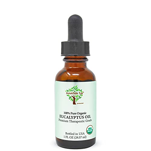 MOUNTAIN TOP Organic Eucalyptus Essential Oil with Glass Dropper - USDA Certified 100% Pure Premium Therapeutic Grade Diffuser Oil for Aromatherapy, Massage, Relaxation, Cleaning, Respiratory & Skin