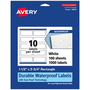 avery durable waterproof rectangle labels with sure feed, 1.5″ x 3.75″, 1,000 oil and tear-resistant waterproof labels, print-to-the-edge, laser/pigment-based inkjet printable labels