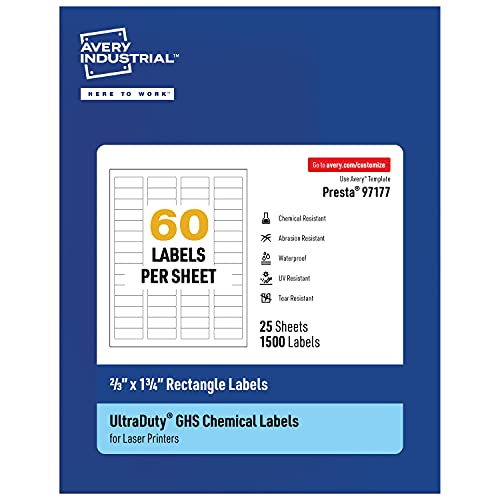 Avery UltraDuty GHS Labels, Waterproof, 2/3" x 1-3/4" Inch Rectangle Printable Labels, Pack of 1500 White Labels for Use with Laser Printers