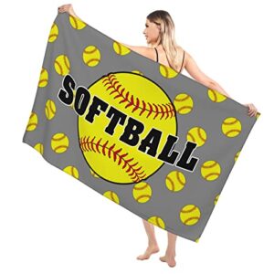 lotsfuns softball beach towel yellow softball sports balls on grey bath towels, personalized softball accessories for girls kids, lightweight quick dry sandproof pool towels, oversized 31.5×51.2