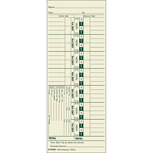 Tops Time Cards , Weekly, 1-Sided, Numbered Days, 3-1/2" x 9", Manila, Green Print, 500-Count (1252)