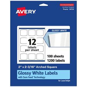 avery glossy white arched square labels with sure feed, 2″ x 2-3/16″, 1,200 glossy white labels, print-to-the-edge, permanent label adhesive, laser/inkjet printable labels