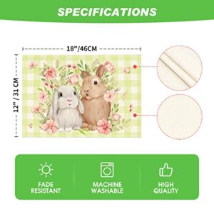 Artoid Mode Green White Bunny Rabbit Flowers Buffalo Plaid Easter Placemats Set of 4, 12x18 Inch Spring Table Mats for Party Kitchen Dining Decoration