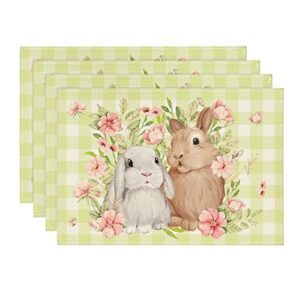 artoid mode green white bunny rabbit flowers buffalo plaid easter placemats set of 4, 12×18 inch spring table mats for party kitchen dining decoration