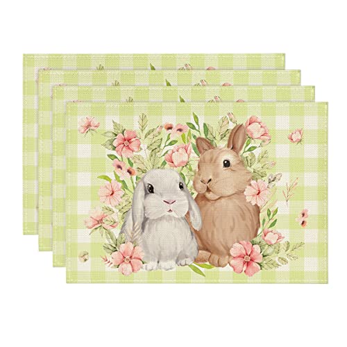 Artoid Mode Green White Bunny Rabbit Flowers Buffalo Plaid Easter Placemats Set of 4, 12x18 Inch Spring Table Mats for Party Kitchen Dining Decoration