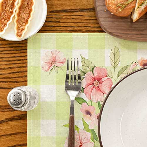 Artoid Mode Green White Bunny Rabbit Flowers Buffalo Plaid Easter Placemats Set of 4, 12x18 Inch Spring Table Mats for Party Kitchen Dining Decoration