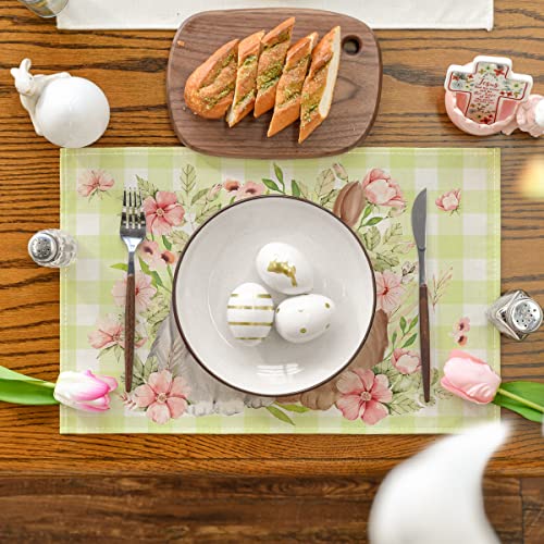 Artoid Mode Green White Bunny Rabbit Flowers Buffalo Plaid Easter Placemats Set of 4, 12x18 Inch Spring Table Mats for Party Kitchen Dining Decoration