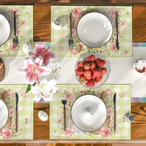 Artoid Mode Green White Bunny Rabbit Flowers Buffalo Plaid Easter Placemats Set of 4, 12x18 Inch Spring Table Mats for Party Kitchen Dining Decoration