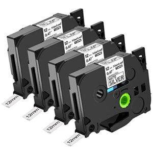 NineLeaf 4 Pack Compatible for Brother P-Touch TZe-M931 TZeM931 TZ-M931 TZM931 Black on Matte Silver Laminated Label Tape 12mm Work with PT-D210 PT-H100 PT-H110 Label Maker 0.47 inch 1/2'' x 26.2ft