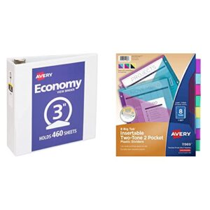 avery 3″ economy view 3 ring binder, round ring, holds 8.5″ x 11″ paper, 1 white binder (5741) & plastic 8-tab two-tone binder dividers with two pockets, insertable bright color big tabs, 1 set