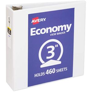 Avery 3" Economy View 3 Ring Binder, Round Ring, Holds 8.5" x 11" Paper, 1 White Binder (5741) & Plastic 8-Tab Two-Tone Binder Dividers with Two Pockets, Insertable Bright Color Big Tabs, 1 Set