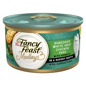 purina fancy feast wet cat food medleys shredded white meat chicken fare with spinach in savory cat food broth – (24) 3 oz. cans