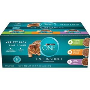 purina one natural, high protein wet cat food variety pack, true instinct turkey, chicken & tuna recipes – (2 packs of 12) 3 oz. cans