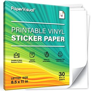 papervisual 30 printable sticker paper for inkjet printer – matte white waterproof sticker printer paper – 8.5 x 11 inches, thick, smudge proof, jam tear resistant – inkjet & laser printer compatible