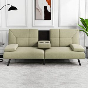 iululu futon sofa bed, convertible sleeper couch daybed with 2 cup holders and removable armrest for apartment, studio, dorm, office, home, khaki