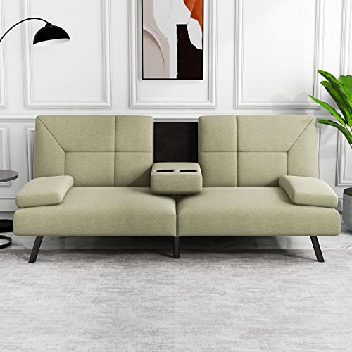 IULULU Futon Sofa Bed, Convertible Sleeper Couch Daybed with 2 Cup Holders and Removable Armrest for Apartment, Studio, Dorm, Office, Home, Khaki