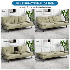 IULULU Futon Sofa Bed, Convertible Sleeper Couch Daybed with 2 Cup Holders and Removable Armrest for Apartment, Studio, Dorm, Office, Home, Khaki