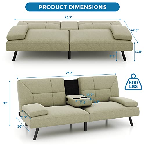 IULULU Futon Sofa Bed, Convertible Sleeper Couch Daybed with 2 Cup Holders and Removable Armrest for Apartment, Studio, Dorm, Office, Home, Khaki