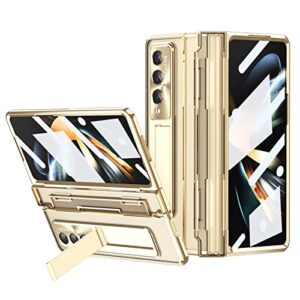 ultra-thin flat hinge folding electroplated lens film mobile phone case with pen holder for samsung galaxy zfold3/zfold4 – hd transparent phone case (z fold 3, gold)