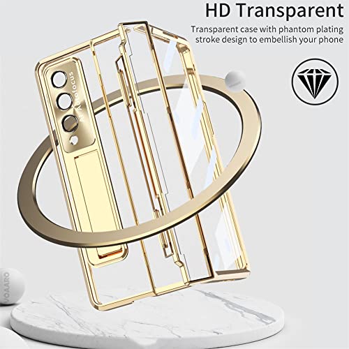 Ultra-Thin Flat Hinge Folding Electroplated Lens Film Mobile Phone Case with Pen Holder for Samsung Galaxy Zfold3/Zfold4 - HD Transparent Phone Case (Z Fold 3, Gold)