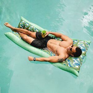 Big Joe Kona No Inflation Needed Pool Lounger with Headrest, Tropical Palm Green Double Sided Mesh, 5.5ft Big