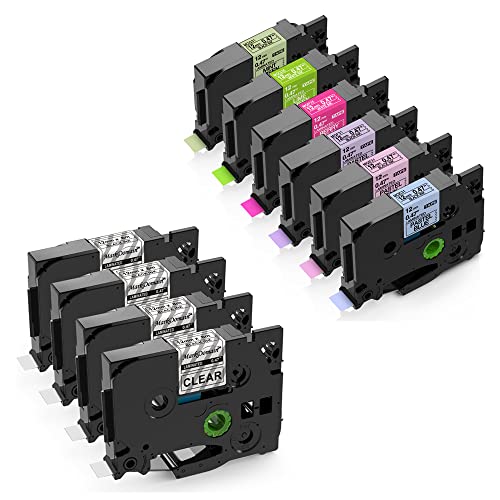 MarkDomain Compatible Label Tape Replacement for Brother TZe TZ Laminated P Touch Label Maker Tape for PT D210 H110 D600 1230PC 1280, Black on Clear/Purple/Blue/Pink/Mint Green/Berry Pink/Lime Green